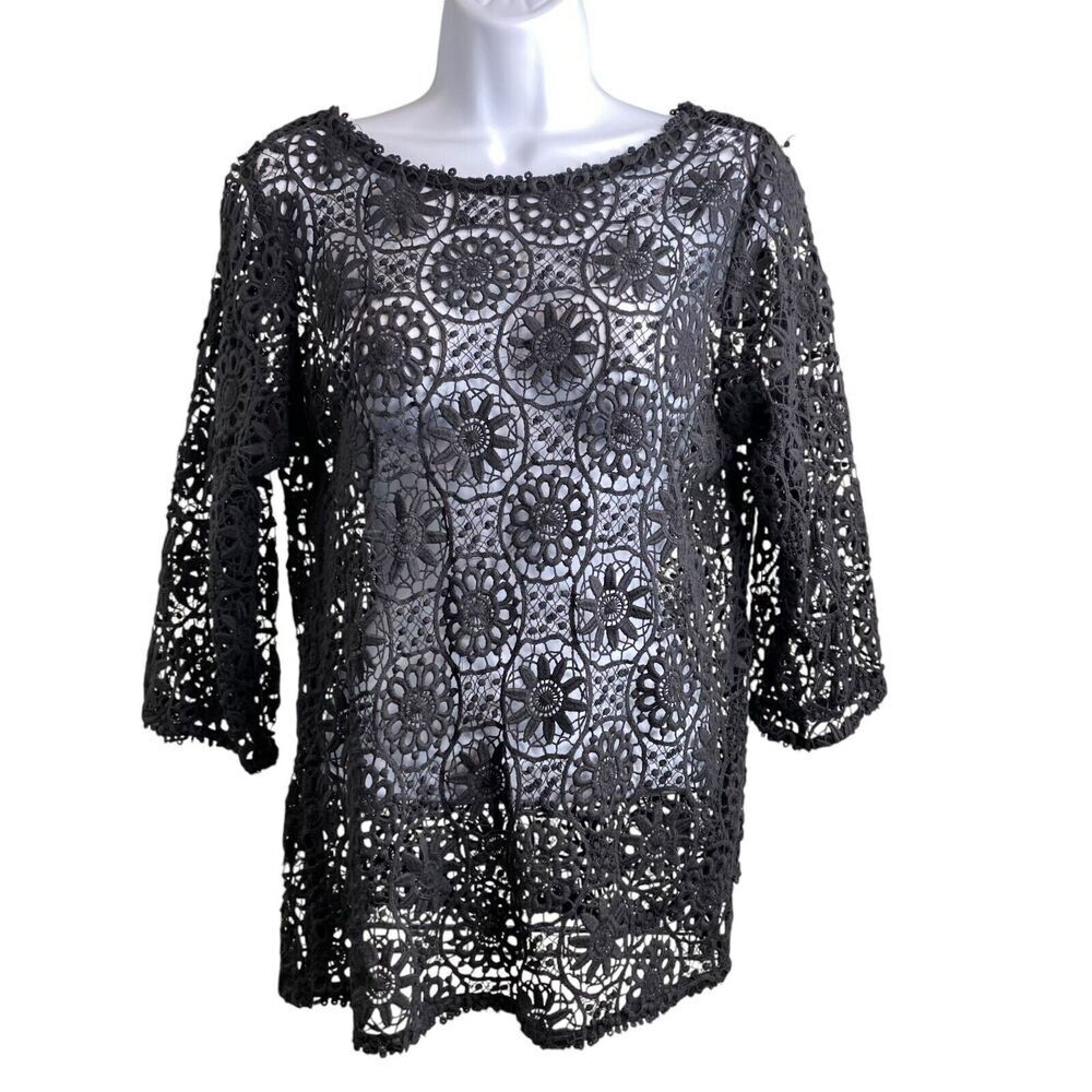 Gretchen Scott Women's Black Dark Floral Lace Fall Tunic Top Size M Boho Goth